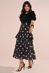 Saia Estampa Poá E Babados Evase Midi