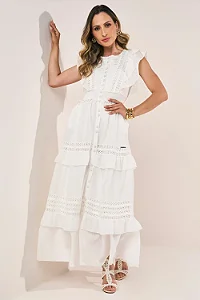 Vestido Off-White Com Babados E Detalhes Em Guipir Evasê Midi Fascinius
