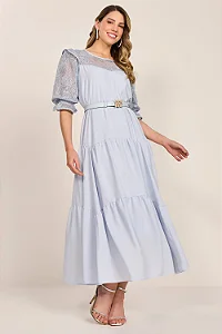 Vestido Azul Detalhes Com Paetês E Guipir Godê Midi Fascinius