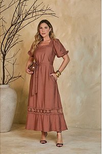 Vestido Midi C/ Aviamento e Cinto