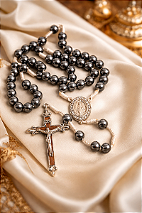 Terço Católico em Pedra Hematita Manufatura Artesanal | Crucifixo Exclusivo e Devocional