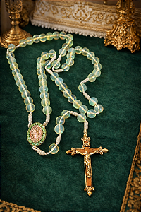 Terço de Nossa Senhora em Vidro Opalina Verde Translúcido com Medalha Decorada e Crucifixo Exclusivo em Metal e Madeira