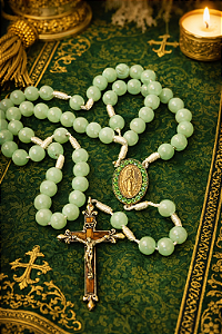 Terço de Nossa Senhora em Vidro Opalina Esverdeado com Medalha Decorada e Crucifixo Exclusivo em Metal e Madeira