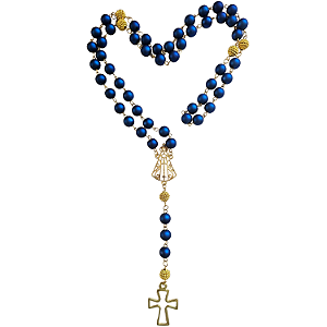 Terço de Aparecida Azul com Cruz e Entremeio Dourado Vazado