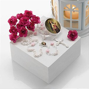Terço de Santa Teresinha Perolado Branco (4mm) com Flor Rosa