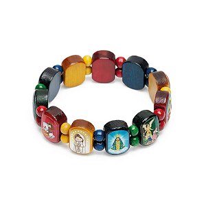 Pulseira Infantil de Madeira Colorida dos Santos Católicos