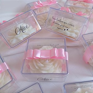 Kit 10 Velas rosa peônia na caixinha de acrílico, lembrancinha Casamento, Batizado, Aniversário, Personalizada