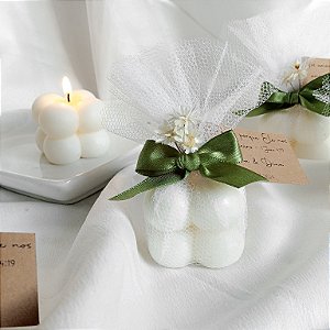 Kit 10 Velas mini bubbles com tule e tag, lembrancinha Casamento, Batizado, Aniversário, Personalizada
