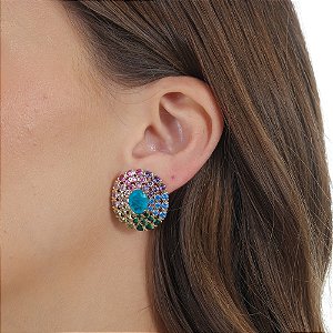 Brinco pavão com zircônias coloridas nas bordas e pedra fusion