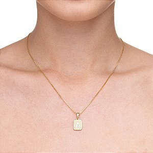 Colar Com Pingente Retangular Letra Em Ródio - Letra A
