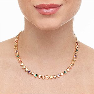 Choker Arco Íris - Corações Coloridos Em Zircônias E Lisos No Banho De Ouro 18k