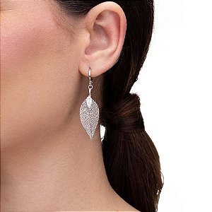 Brinco Folha Natural Pequena Ródio Branco