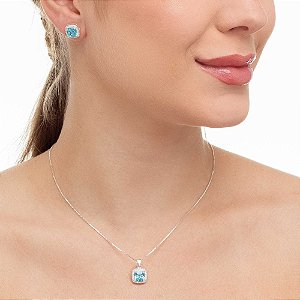Conjunto Prata Quadrado Cravejado de Micro Zircônia Azul