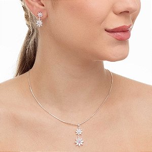 Conjunto em Prata 925 de Flores com Zircônia Cristal e Rosa central
