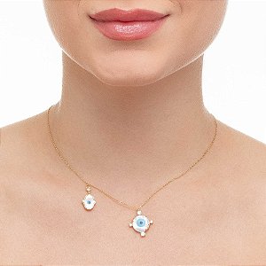 Choker Olho Grego Madrepérola com 4 Cristais e Mão Hamsá com Tiffy Cristal 40cm com extensor