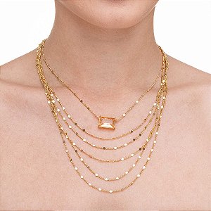 Colar Franja em 6 Camadas Com Pedra Retangular Salmão