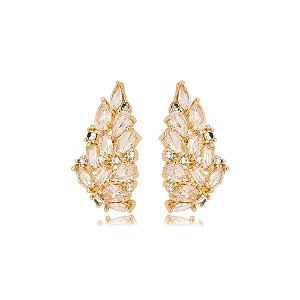Brinco Folha Media Ear Hook Zircônia E Navetes Cristal Banho Ouro