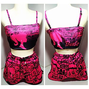 Kit Feminino Conjunto Cropped e Shorts Cor de  Rosa Barbie