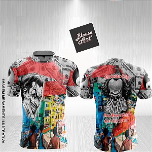 Camisa de Quebrada QB12 Palhaço Assassino It Coringa Camisa de Favela Gola Padre