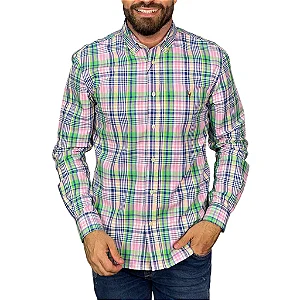 CAMISA POLO RALPH LAUREN OXFORD ROSA COM VERDE