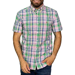CAMISA POLO RALPH LAUREN OXFORD ROSA COM VERDE MANGA CURTA