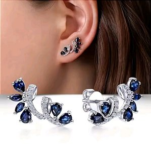 Brinco banhado a ouro branco com zircônia azul