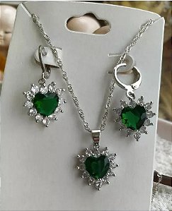 Conjunto Colar e Brincos banhado a Prata 925  Coração com Zirconia Verde