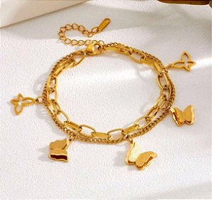 Pulseira aço inoxidável elos borboleta dourada
