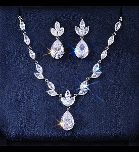 Conjunto colar e brincos banhado a ouro branco zirconia festa noiva