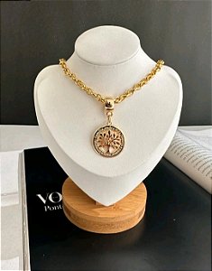 Colar aço inoxidável banhado a ouro medalha árvore da vida