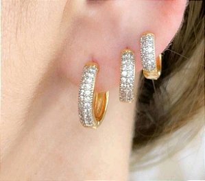 Trio de brincos argolas banhadas a ouro com zirconias