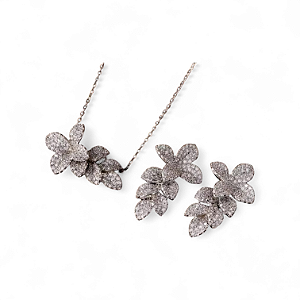 Conjunto colar e brincos banhado a ouro branco festa com zircônias