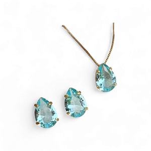 Conjunto colar e brincos folheado com zircônia azul