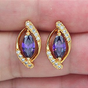 Brinco Elegante Banhado a Ouro com Zirconia Roxo