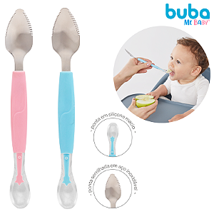 Colher para Bebê em Silicone 2 em 1 Colher Inoxidável Raspar Alimentos Introdução Alimentar Buba