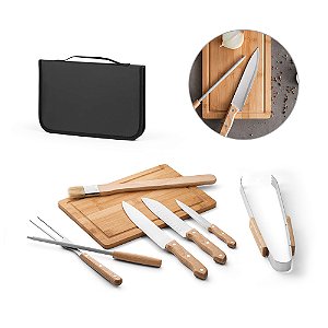 Kit churrasco em madeira Siringueira e inox 9 peças Charbon
