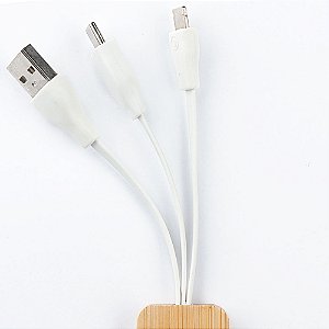 Chaveiro Bambu  com Entrada USB, Lightning e tipo C. Jikiz