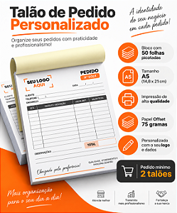 Talão de Pedidos Personalizado - 50 folhas - Tamanho A5 com picote