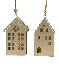 Enfeite Casinha Metal Champanhe Iluminada 6,5cm x 5,5cm x 10,5cm Natal