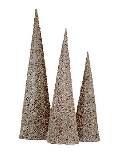 Enfeite Jogo 3 Árvores Natal Cotton Glitter c/ Iluminação Douradas