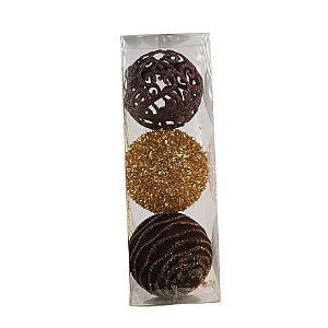 Enfeite Jogo 3 Bolas 8cm Marrom / Dourado Natal