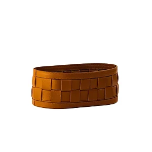 Cesto de Couro Legítimo Tramado Castanho