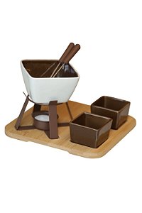 Kit Fondue Cerâmica Base Bambu 8 Peças