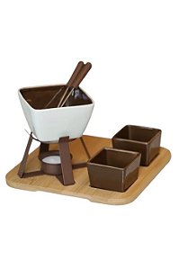 Kit Fondue Cerâmica Base Bambu 8 Peças