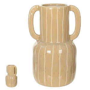 Vaso Cerâmica Com Listras e Alça Bege Off White 25,5X17X15cm