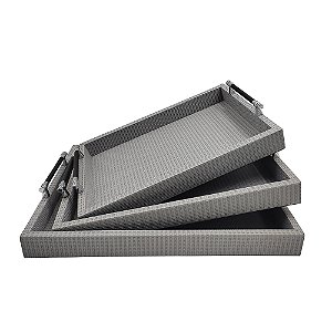 Conjunto 3 Bandejas Couro Sintético Cinza e Preto AL0031