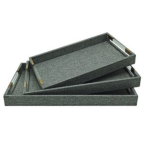 Conjunto 3 Bandejas Linho Cinza Alça Acrílico / Dourado AL0017