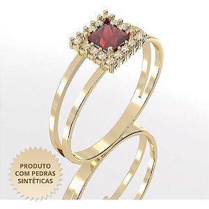 Anel de Formatura Moon Cravejado com Zircônia Vermelha e Zircônias Brancas