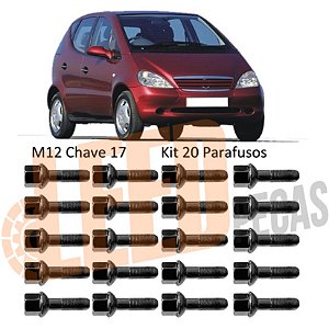 Kit Jogo Parafuso Roda Mercedes Classe A 160 190 1999 2000 2001 2002 2003 2004 2005 Cromado M12X1,50 x 38,5 Chave 17 Esférico