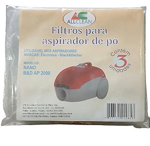 SACO DESCARTÁVEL PARA ASPIRADOR DE PÓ ELETROLUX NANO - BLACK&DECKER B&D AP 2000 * Contém 3 unidades